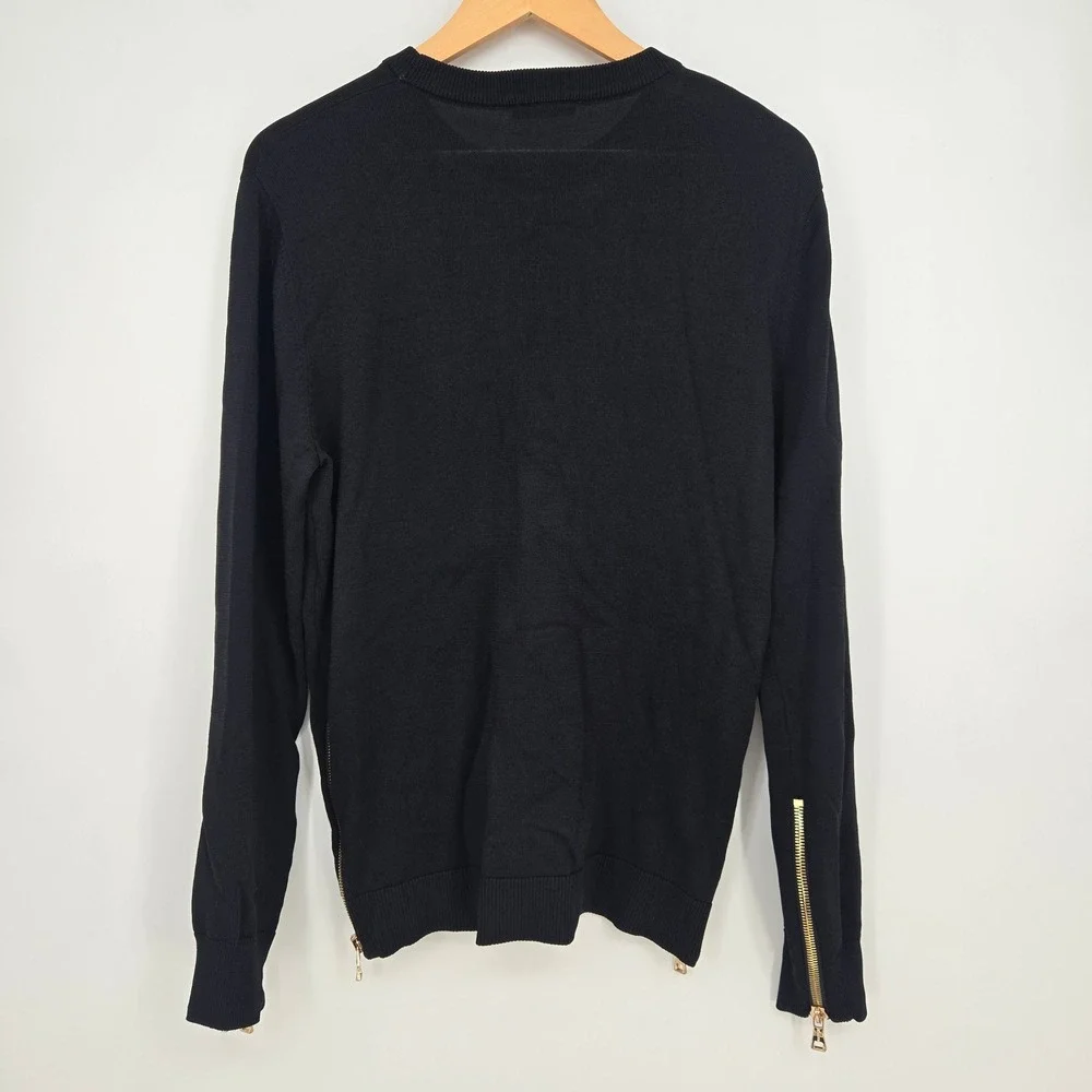 Balmain Paris Men's Oversized S Black Knit Logo Sweater Gold Side Zip Designer